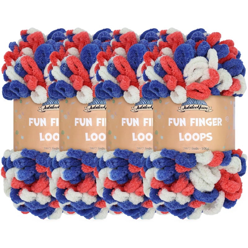 BambooMN JubileeYarn Fun Finger Loops Yarn  Jumbo Polyester  Team Spirit Colors  100gSkein  Red White Blue  4 Skeins