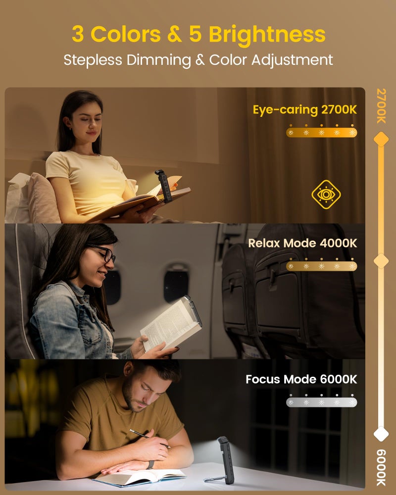 Glocusent Extendable Book Lights for Reading at Night, 5 Enhanced Brightness & 3 Colors with Sleep Aid & Timers, Clip on USB Rechargeable Reading Light for Books in Bed, Ideal Book Lovers Gifts - Image 5