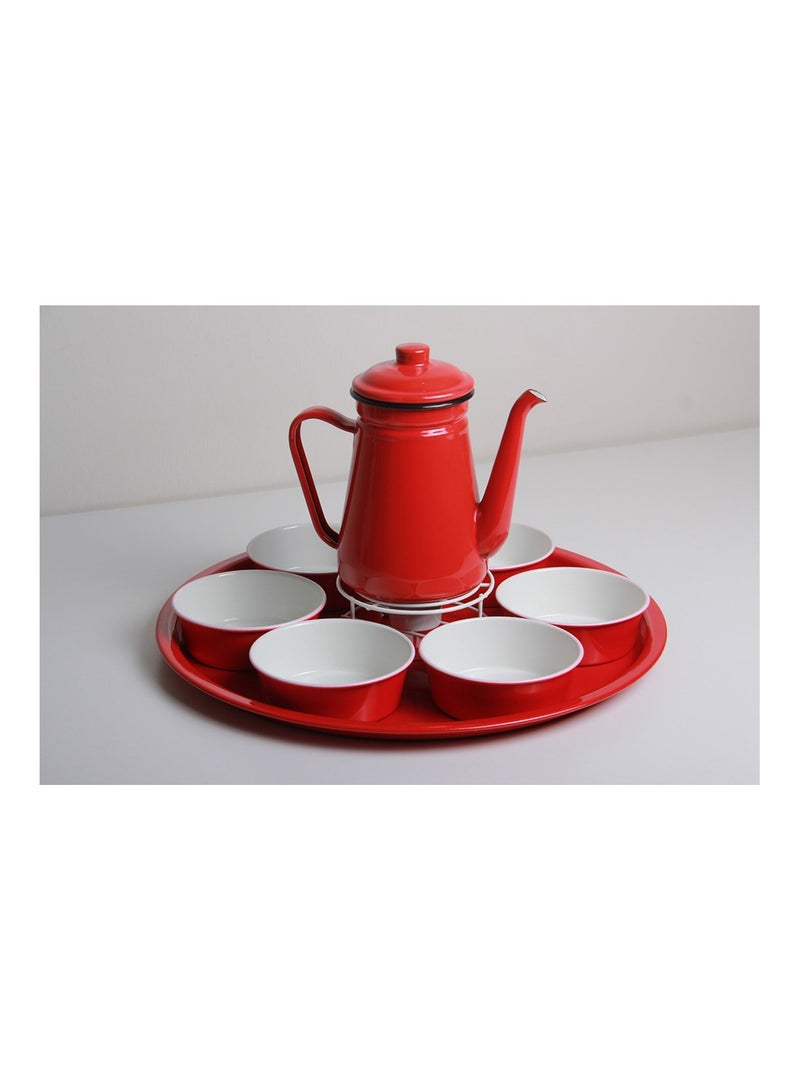 A teapot and coffee set with a stove heater, 4 pots, and a serving tray with a distinctive and modern design, 7 pieces