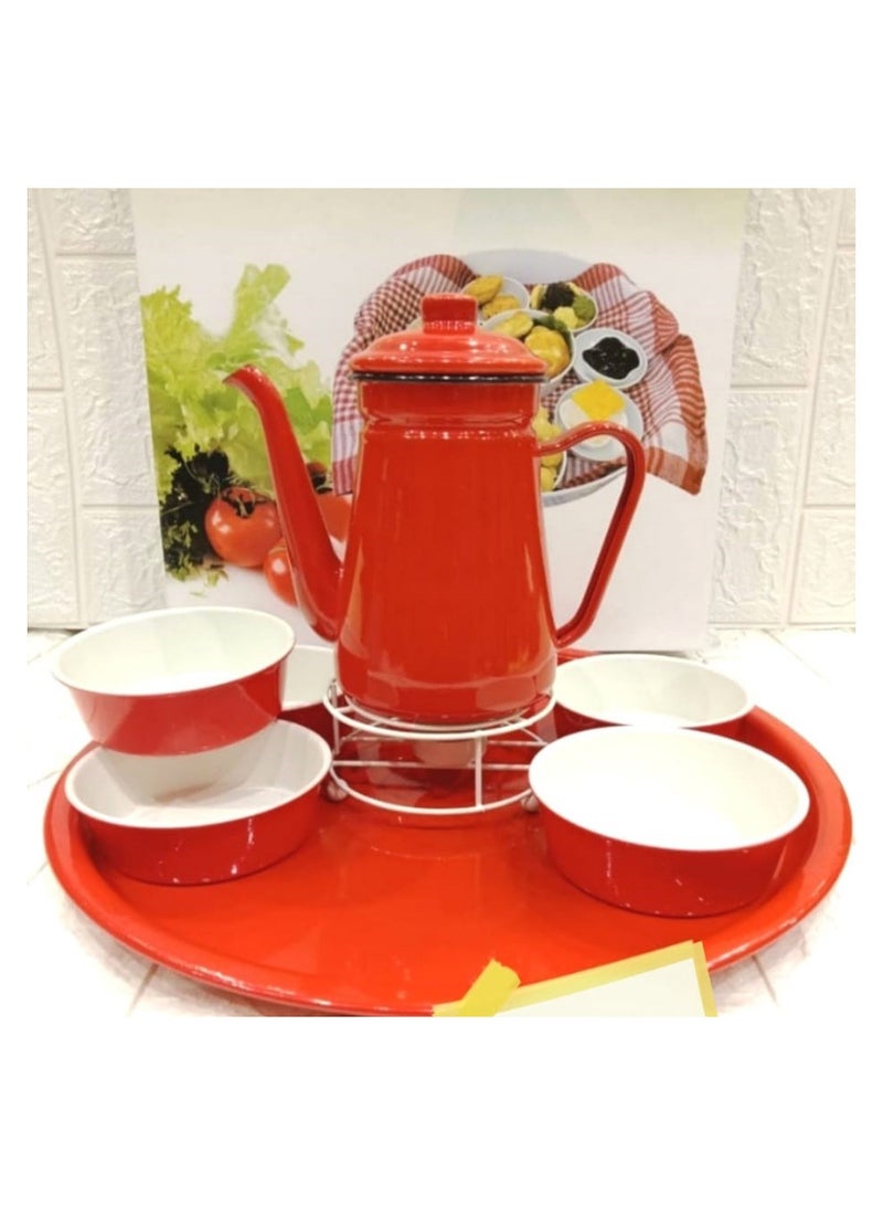A teapot and coffee set with a stove heater, 4 pots, and a serving tray with a distinctive and modern design, 7 pieces