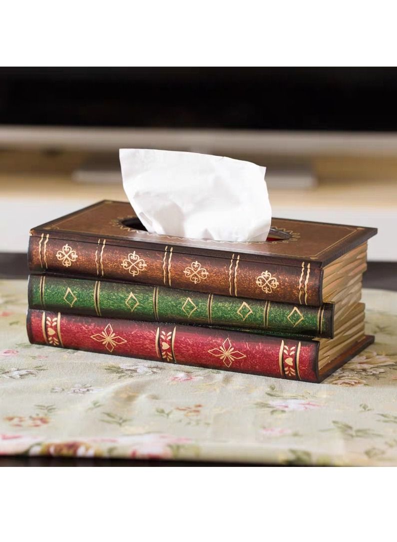 LINGWEI Wooden Antique Book Shape Tissue Box Cover Rectangular Tissue Holder Dispenser Paper Cover Case Napkin Holder  - Image 3