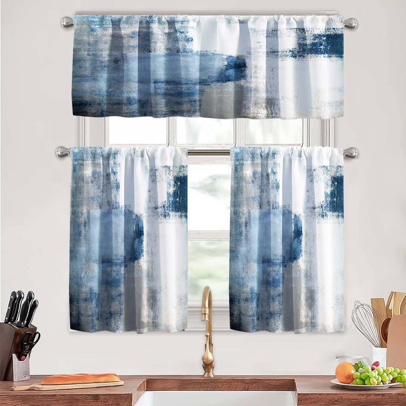 MCALK Blue Thin Kitchen Curtains Tiers and Valances Set 3 Piece for Windows White and Grey Kitchen Window Curtains Set,Modern Abstract Art Valances for Living Room(36" Tiers Set) - Image 1