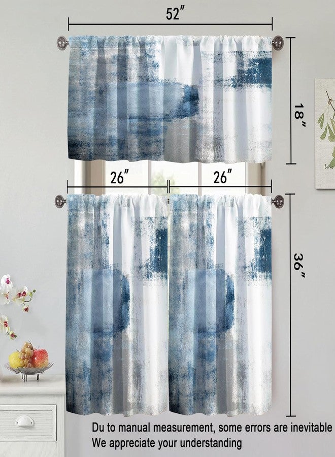 MCALK Blue Thin Kitchen Curtains Tiers and Valances Set 3 Piece for Windows White and Grey Kitchen Window Curtains Set,Modern Abstract Art Valances for Living Room(36" Tiers Set) - Image 4