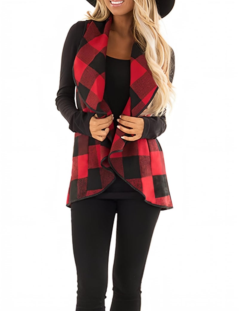 Unidear Womens Color Block Lapel Open Front Sleeveless Plaid Vest Cardigan with Pockets #2Red L - Image 2
