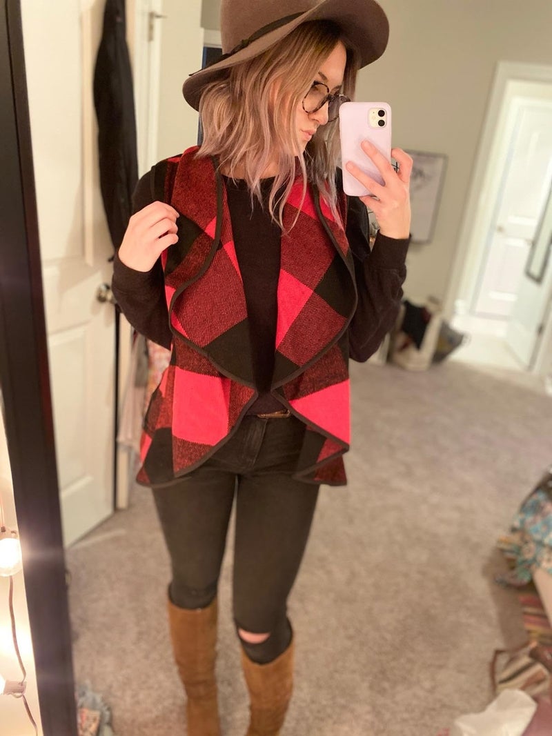 Unidear Womens Color Block Lapel Open Front Sleeveless Plaid Vest Cardigan with Pockets #2Red L - Image 5