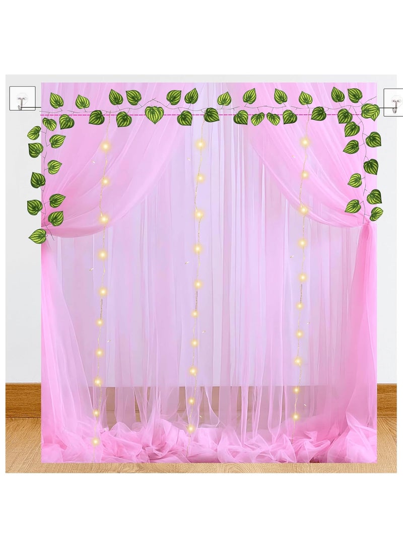 1iAM - 1iAM Decoration Net Artificial Leaf Light Ribbon Combo Pack of 10 4pcs Pink Net 2pc Green Large Zebra Money Plant Leaves 1pc Light 1pc Ribbon for Party Decoration - Image 1