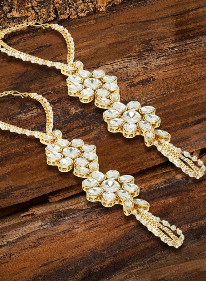 OOMPHelicious Jewellery Combo of 2 Gold Hathphool Hathpanja Bracelet with Ring - Kundan & Pearls For Women & Girls Stylish Latest (2P-BDP7_CC1) - Image 4