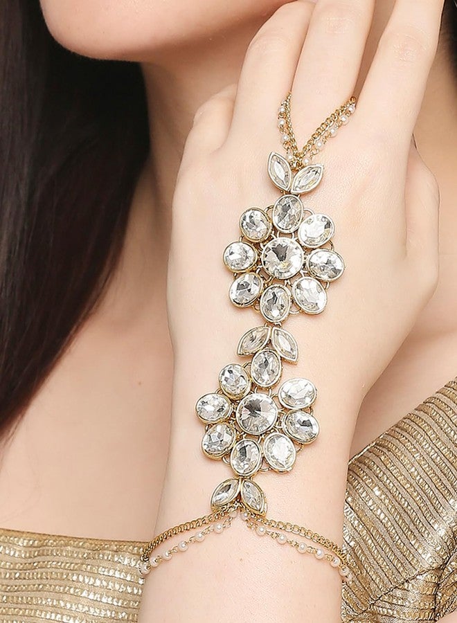 OOMPHelicious Jewellery Combo of 2 Gold Hathphool Hathpanja Bracelet with Ring - Kundan & Pearls For Women & Girls Stylish Latest (2P-BDP7_CC1) - Image 2