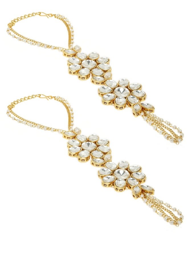 OOMPHelicious Jewellery Combo of 2 Gold Hathphool Hathpanja Bracelet with Ring - Kundan & Pearls For Women & Girls Stylish Latest (2P-BDP7_CC1) - Image 1