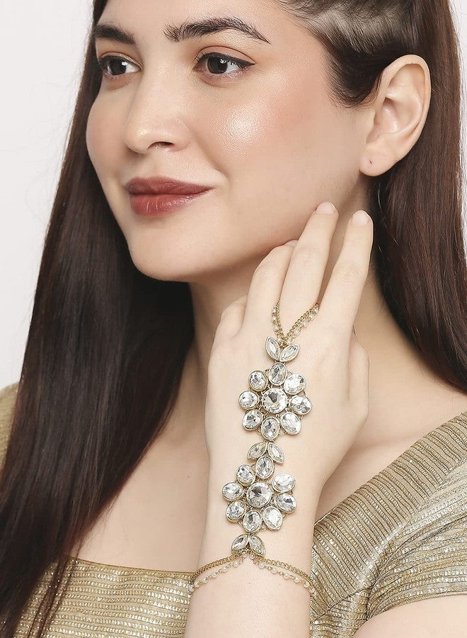 OOMPHelicious Jewellery Combo of 2 Gold Hathphool Hathpanja Bracelet with Ring - Kundan & Pearls For Women & Girls Stylish Latest (2P-BDP7_CC1) - Image 3