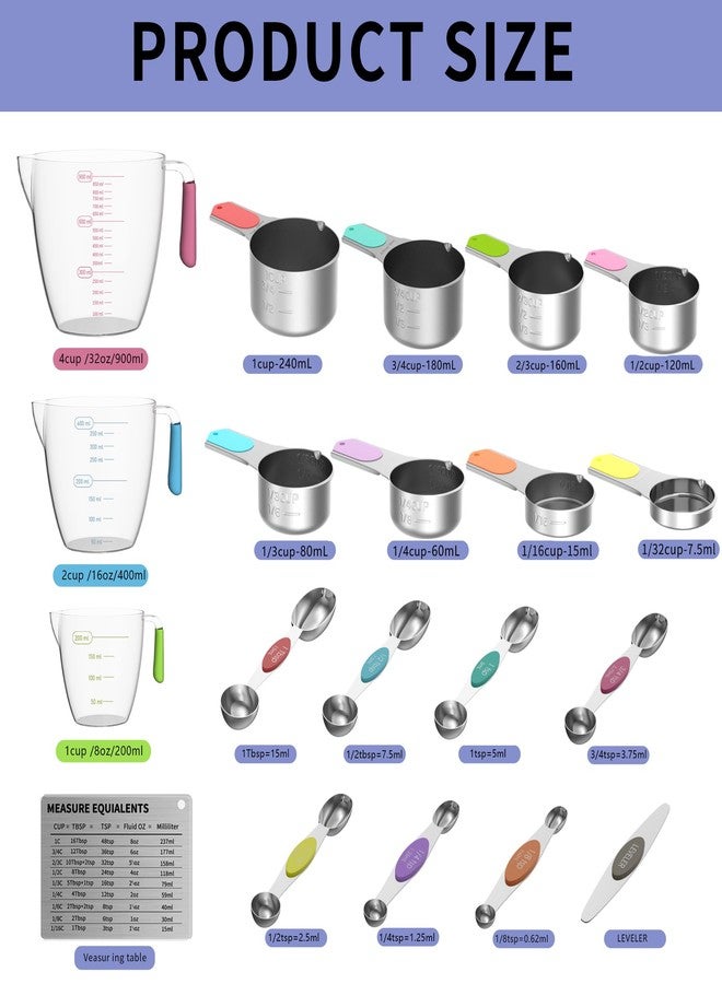 Minteem Magnetic Measuring Cups and Spoons Set, 5 Stainless Steel Measuring Cups for Dry and Liquid Ingredients, 7 Magnetic Measuring Spoons, 3 Plastic Measuring Cup with 1 Measuring Conversion Chart - Image 2
