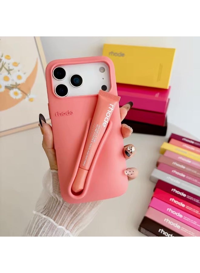 rhode Lip Phone Case with Lipstick Color for iPhone, Liquid Silicone Camera Protection Cover, Glossy Lipstick Case for iPhone 17 Pro Max (Orange)