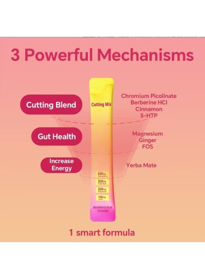Day Wins Cutting Drink Mix – Satiety u0026 Metabolism Support | Berberine, Chromium, FOS, Yerba Mate u0026 5-HTP | Gut Health u0026 Energy | Sugar-Free, Vegan, Non-GMO | Strawberry Açaí | 30 Sticks - Image 2