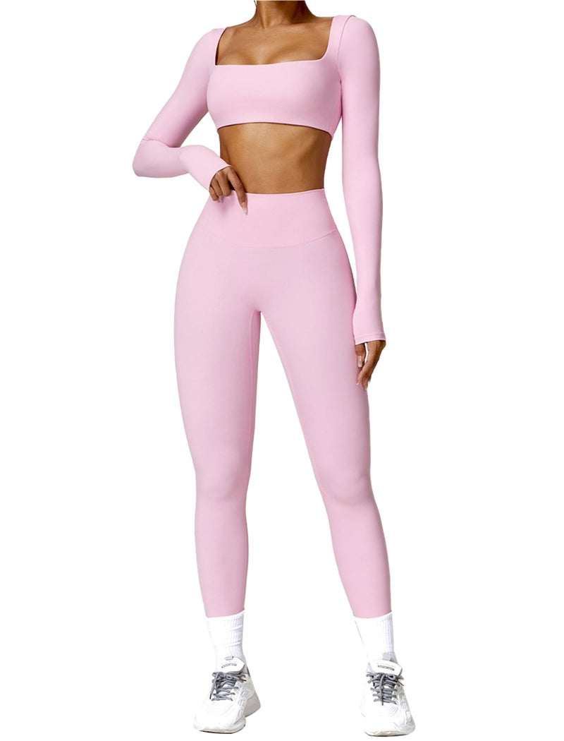 ABOCIW Womens 2 Piece Workout Sets Long Sleeve Square Neck Padded Gym Yoga Workout Crop T Shirt Top Scrunch Butt Lifting High Waist Leggings ZPink Medium - Image 2