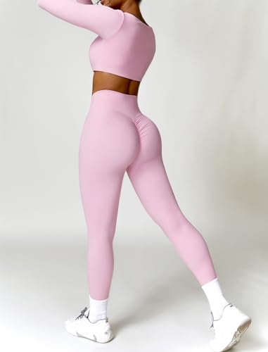 ABOCIW Womens 2 Piece Workout Sets Long Sleeve Square Neck Padded Gym Yoga Workout Crop T Shirt Top Scrunch Butt Lifting High Waist Leggings ZPink Medium - Image 3