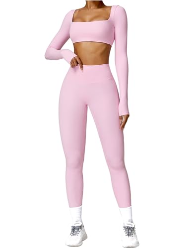 ABOCIW Womens 2 Piece Workout Sets Long Sleeve Square Neck Padded Gym Yoga Workout Crop T Shirt Top Scrunch Butt Lifting High Waist Leggings ZPink Medium - Image 1