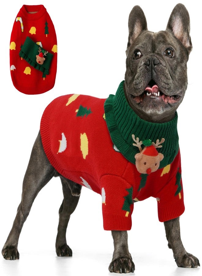 بوماي بوريتي كنزة عيد الميلاد من بوميبوريتي للكلاب الفرنسية، كنزة صوفية مع وشاح، طقم عيد ميلاد ناعم، كنزة محبوكة للطقس البارد، أحمر، مقاس كبير - Image 1
