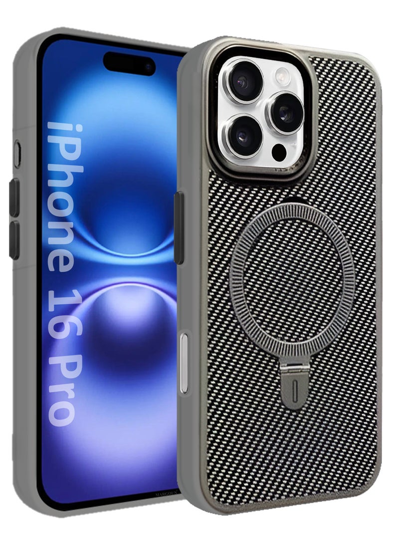 CATANES ( for iPhone 16 Pro ) Carbon Fiber Case Cover, Kickstand  Metal Bracket, Magsafe Compatible - Grey - Image 1