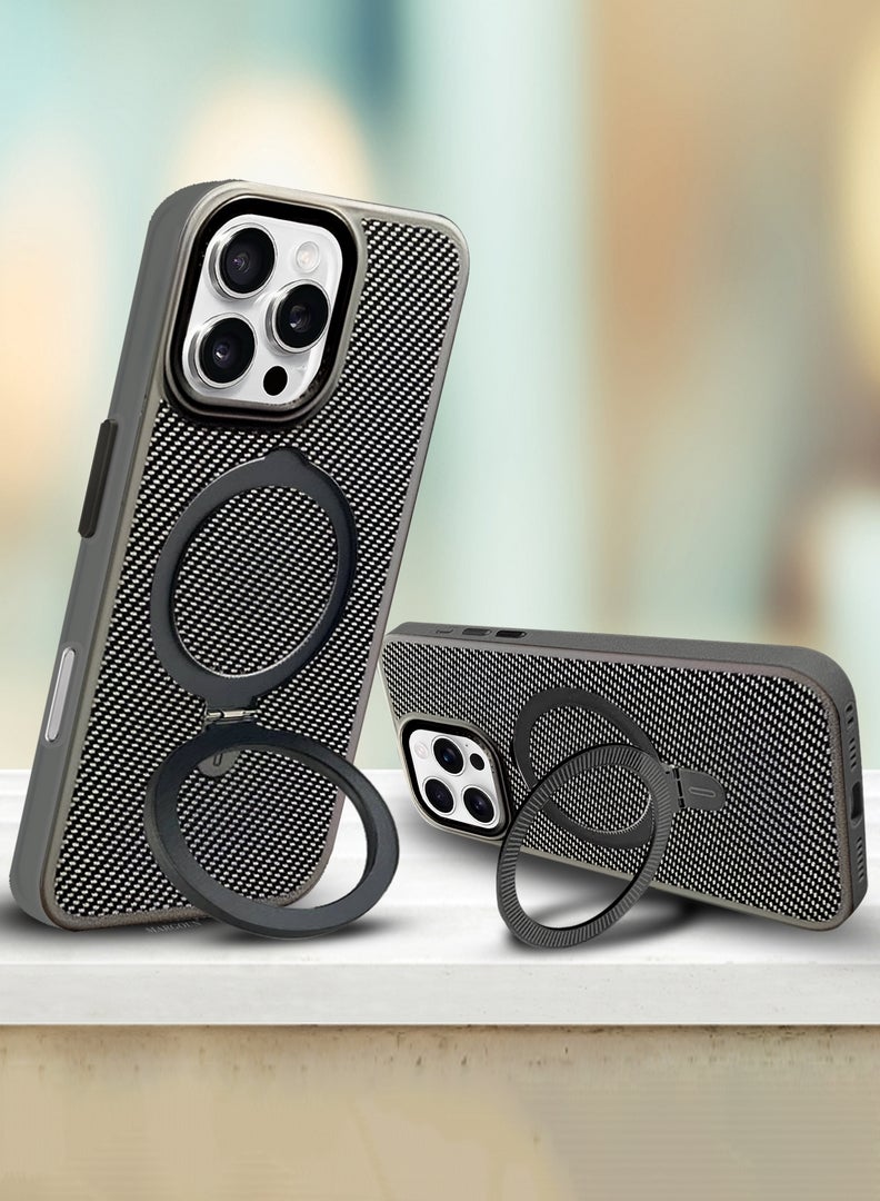 CATANES ( for iPhone 16 Pro ) Carbon Fiber Case Cover, Kickstand  Metal Bracket, Magsafe Compatible - Grey - Image 5