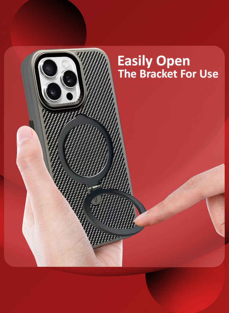 CATANES ( for iPhone 16 Pro ) Carbon Fiber Case Cover, Kickstand  Metal Bracket, Magsafe Compatible - Grey - Image 4