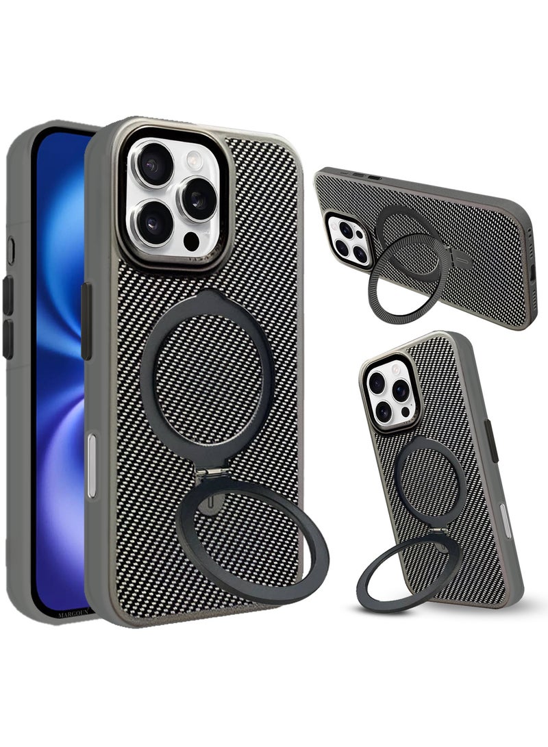 CATANES ( for iPhone 16 Pro ) Carbon Fiber Case Cover, Kickstand  Metal Bracket, Magsafe Compatible - Grey - Image 2