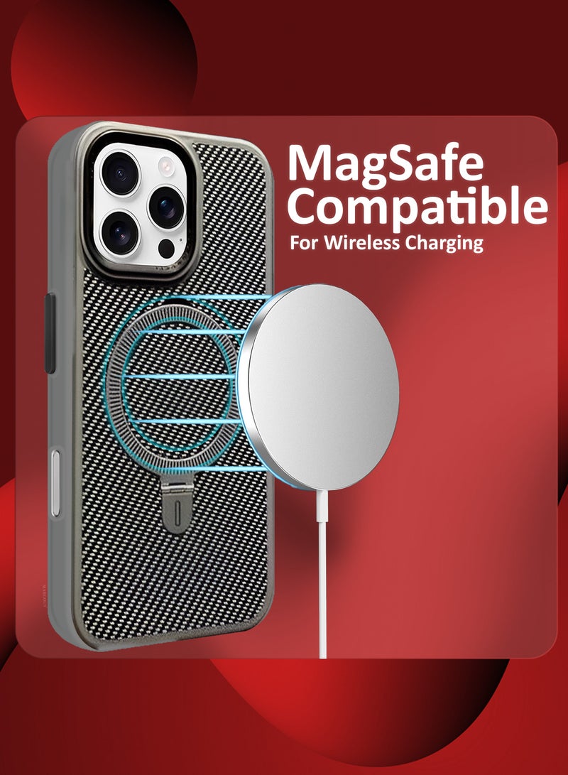 CATANES ( for iPhone 16 Pro ) Carbon Fiber Case Cover, Kickstand  Metal Bracket, Magsafe Compatible - Grey - Image 3