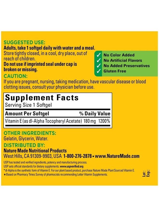 Nature Made - Vitamin E 180 mg (400 IU) dl-Alpha, Dietary Supplement for Antioxidant Support, 300 Softgels, 300 Day Supply - Image 1