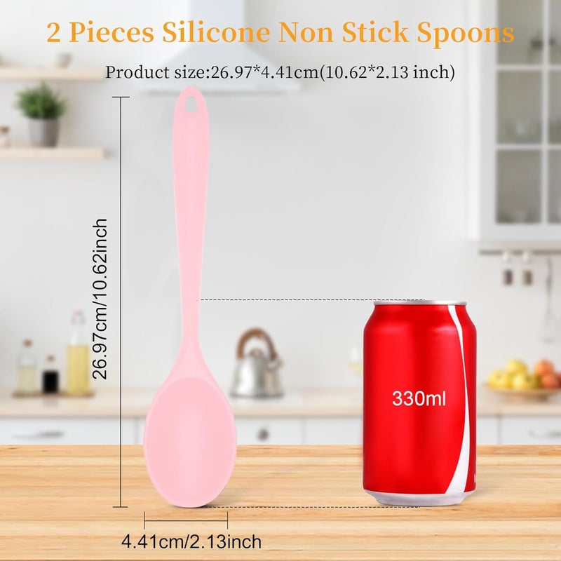 Ecerangus 2 Pcs Silicone Nonstick Mixing Spoon,10.6Inch Silicone Spoons for Cooking Heat Resistant, Cooking Utensil for Kitchen Cooking Baking Stirring Serving (Pink) - Image 2