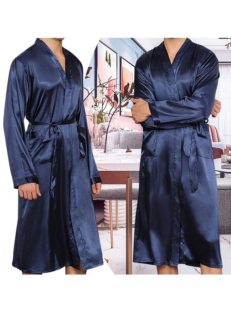 MARGOUN Men's Dressing Gown Kimono Robe Lightweight Silk Long Sleeved Home Sleepwear Loungewear Blue XL(Length 49''/Chest 26'') - Image 1