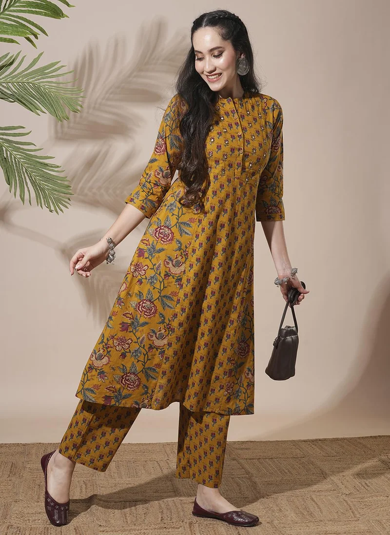 Globus Globus Women's Yellow Mandarin Collar Floral Print Workwear Kurta Set with Trousers