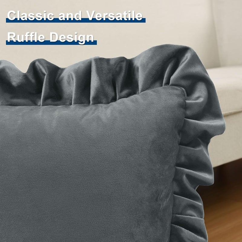 JIUZHEN Grey Throw Pillow Covers for Couch Sofa Livingroom Bed，Pack of 2 Velvet Decorative Square Throw Pillow Covers with Ruffles，20x20 Inch - Image 3