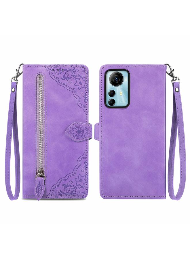 Green Tiger For ZTE Blade V41 Smart Embossed Flower Zipper Leather Phone Case(Purple)