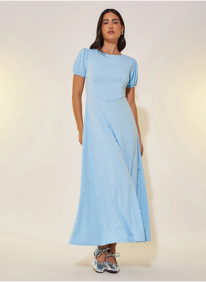 Styli Faux Pearl Embellished Puff Sleeve Maxi Dress