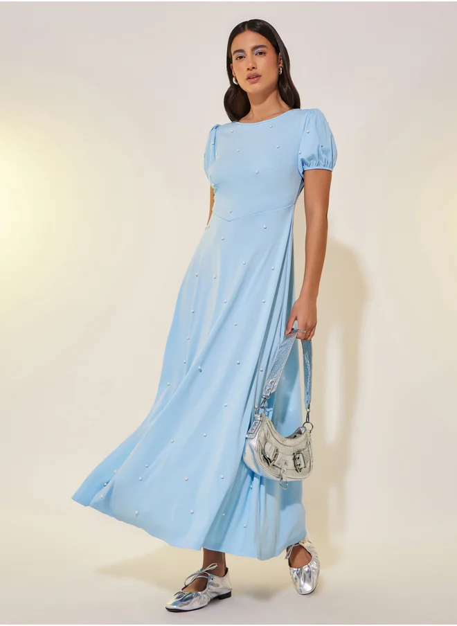 Styli Faux Pearl Embellished Puff Sleeve Maxi Dress