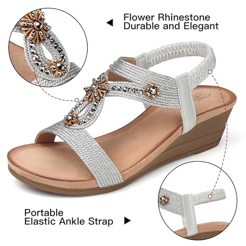 SHIBEVER Womens Wedge Sandals Summer Low Heeled Wedge Comfort Sandals Arch Support Ladies Shoes Silver Size 10 - Image 4