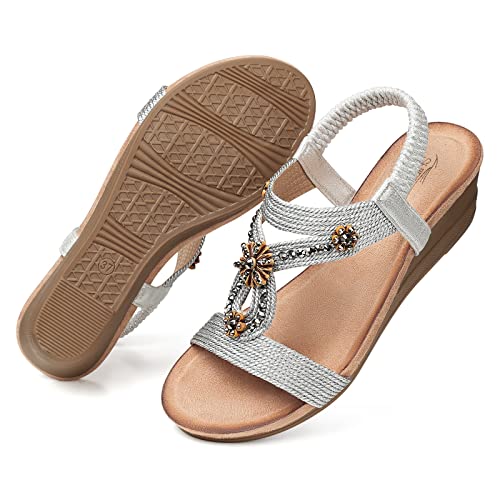 SHIBEVER Womens Wedge Sandals Summer Low Heeled Wedge Comfort Sandals Arch Support Ladies Shoes Silver Size 10 - Image 5