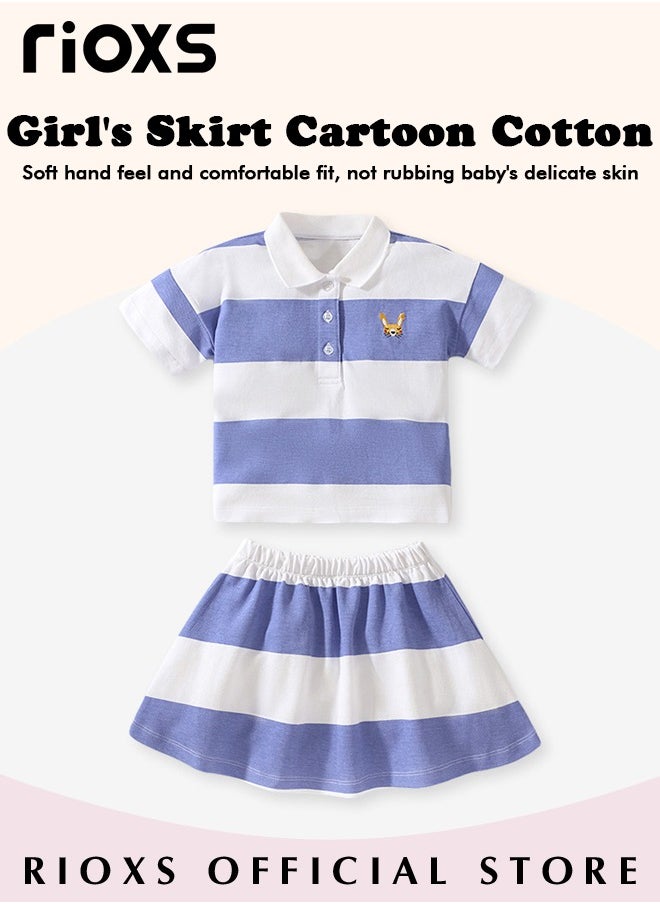 RIOXS Summer 2-piece Set for Girls, Stylish Striped Top and Skirt, Cotton Shirt with Adorable Pattern and Elastic-waisted Skirt Set, Comfortable to Wear, Suitable for Daily Wear, Vacation and Other Occasions, Great Gift Choice for Girls  - Image 2