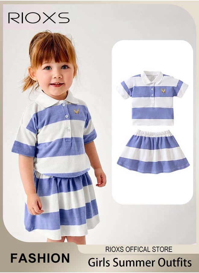 RIOXS Summer 2-piece Set for Girls, Stylish Striped Top and Skirt, Cotton Shirt with Adorable Pattern and Elastic-waisted Skirt Set, Comfortable to Wear, Suitable for Daily Wear, Vacation and Other Occasions, Great Gift Choice for Girls  - Image 1