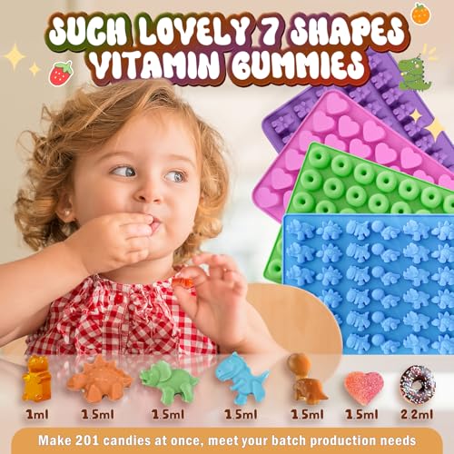 HKNMTT Gummy Bear Molds Silicone Mini Size, Non-stick Chocolate Candy Gummy Mould for Kid with 2 Droppers Including Dinosaur, Bear, Hearts and Donut Shape 201 Cavities - Image 5