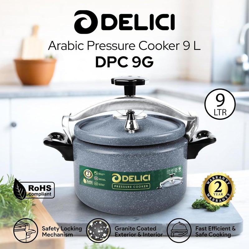 ديليتشي قدر الضغط الألومنيومي Delici 9L | مطلي بالجرانيت | هيكل وغطاء متينان | آلية قفل أمان | طهي سريع وفعال | قاعدة مقاومة للحرارة | وسادة مطاطية دائمة الصلاحية | DPC 9G - Image 2