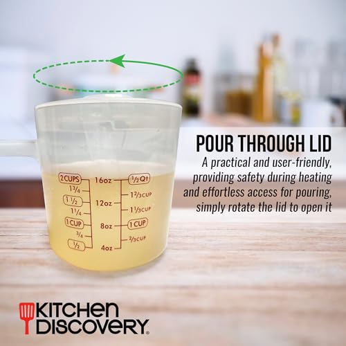 Kitchen Discovery Microwavable Measuring Cup – Kitchen Discovery – 2 Cup Plastic Measuring Cup with Spout, Lid, and Extended Handle for Safe Boiling and Pouring – Microwave Safe Measuring Cup - Image 4