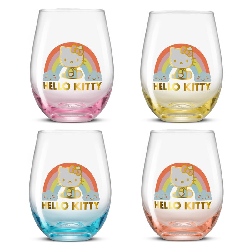 JoyJolt JoyJolt Hello Kitty Sweet Rainbow Stemless Drinking Glasses Set of 4  19oz Glass Cups  Kawaii Kitchen Glassware Sets  Sanrio Hello Kitty Merch  Teardrop Tumblers for Water  Juice  Coffee  Iced Tea  - Image 1
