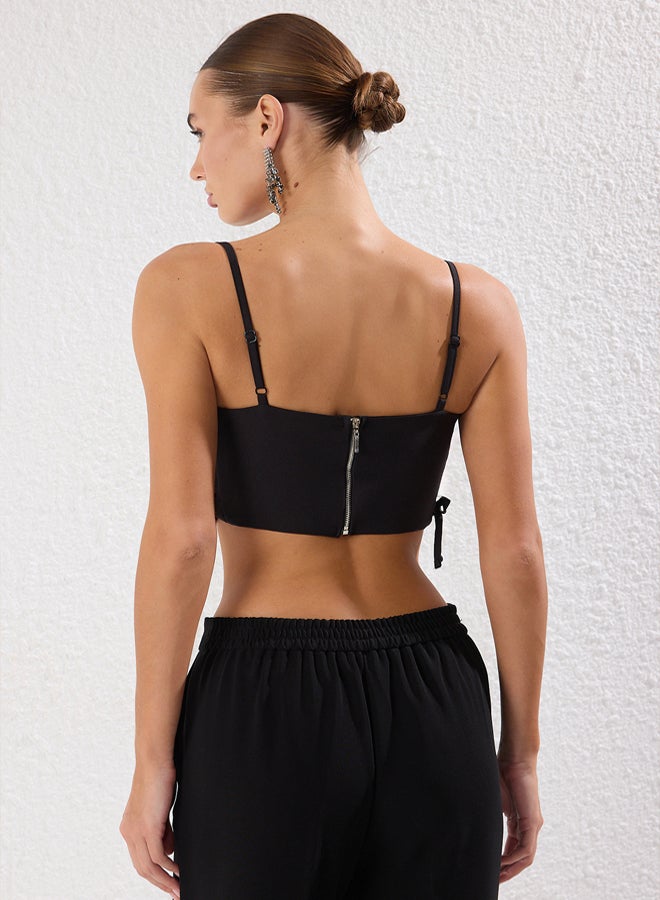 trendyol Black V Neck Crop Piping Woven Stylish Bustier - Image 4