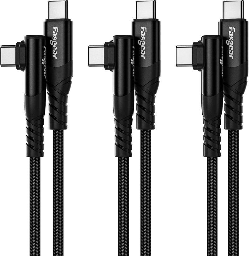 فاسجير كابل USB C إلى USB C، عبوة تحتوي على 3 أكياس، طول الكابل 1 متر، قدرة شحن سريعة 60 واط، نوع الكابل Type C إلى Type C بزاوية قائمة 90 درجة، متوافق مع أجهزة Galaxy S22، S21، Mac-Book، i-Pad Pro، i-Pad Air (طول الكابل 3 أقدام، لون أسود). - Image 1