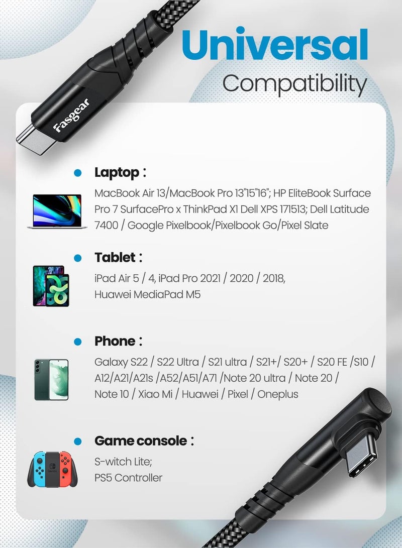 فاسجير كابل USB C إلى USB C، عبوة تحتوي على 3 أكياس، طول الكابل 1 متر، قدرة شحن سريعة 60 واط، نوع الكابل Type C إلى Type C بزاوية قائمة 90 درجة، متوافق مع أجهزة Galaxy S22، S21، Mac-Book، i-Pad Pro، i-Pad Air (طول الكابل 3 أقدام، لون أسود). - Image 5