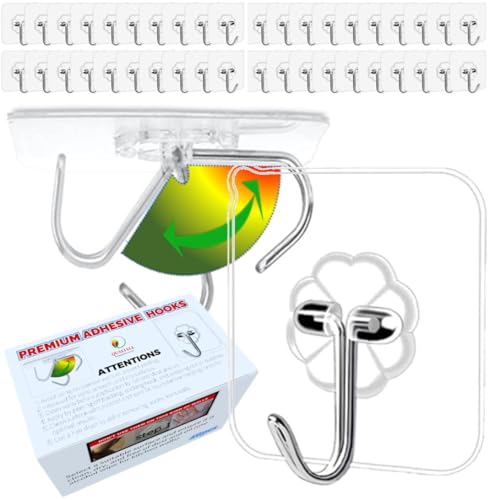 QUALIALL 40pcs Heavy Duty Adhesive Hooks for Damage-Free Hanging - Transparent Plastic Hangers for Ceilings and Walls - Image 1