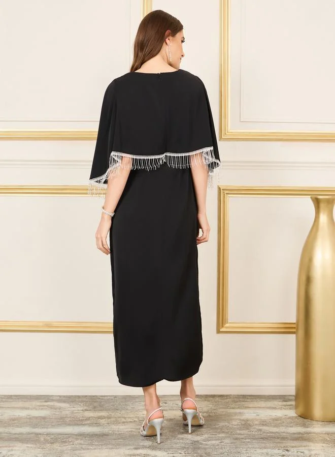 Take Two Take Two Tassel Trim Cape Sleeves Shift Maxi Dress