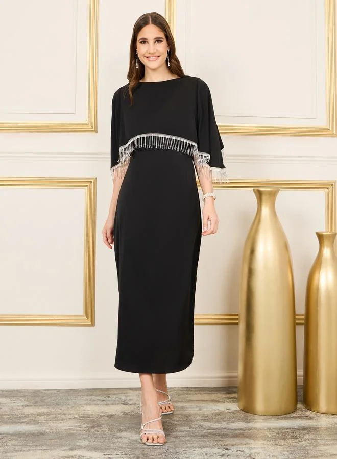 Take Two Take Two Tassel Trim Cape Sleeves Shift Maxi Dress