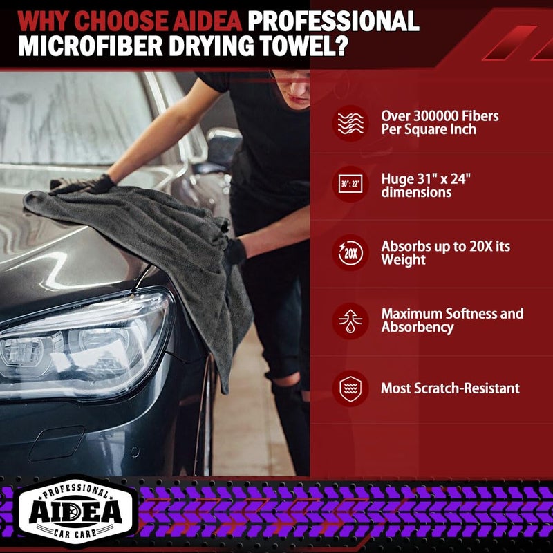AIDEA Microfiber Towels for Cars-2PK, Large Professional Car Drying Towel, Scratch-Free & Absorbent Drying Towel for Cars, SUVs, RVs, Trucks, and Boats, 24inx 31in, Grey - Image 2