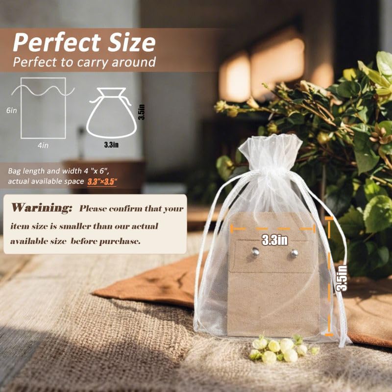 Angooni 100PCS 4x6 Inch Organza Gift Bags for Jewelry Party Wedding Favor, Premium Sheer Gift Drawstring Pouch Candy Bags(White) - Image 4